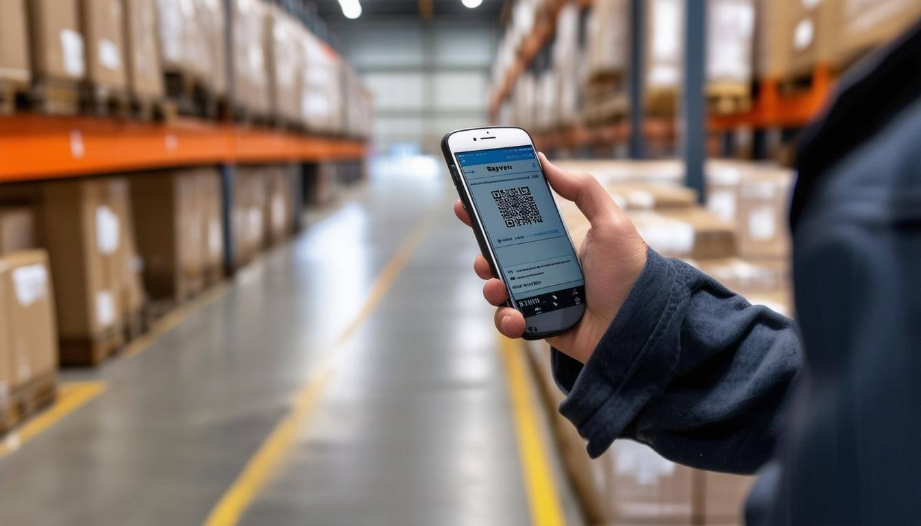 a device scanning a QR code in a warehouse on a phone doing inventory management that has a Rayven app on it a device scanning a QR code in a warehouse on a phone doing inventory management that has a Rayven app on it
