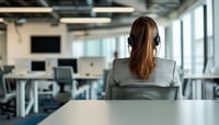 a photo of a call centre worker in a light and airy office taken from behind with them sitting at a desk