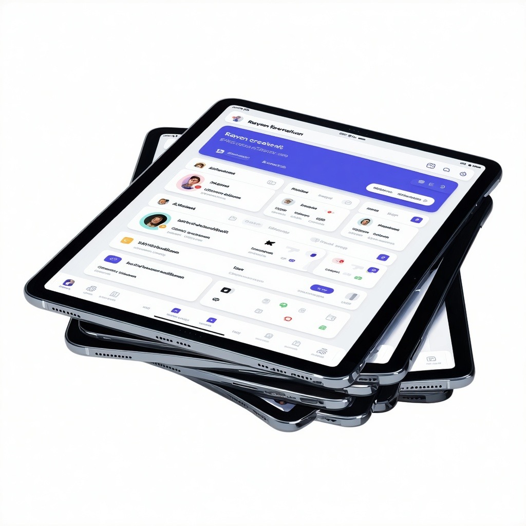A stack of tablets with a Rayvencreated app on them A stack of tablets with a Rayvencreated app on them