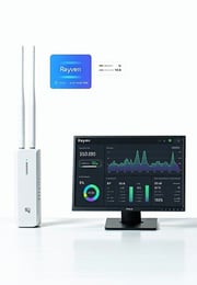 An IoT device feeding data into the Rayven UI on a monitor on a bright white background-1