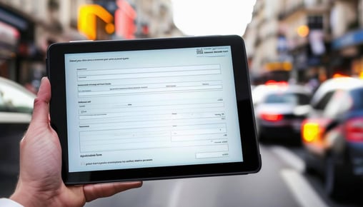 An online form over the top of a dashboard on a tablet being held by someone in a busy street
