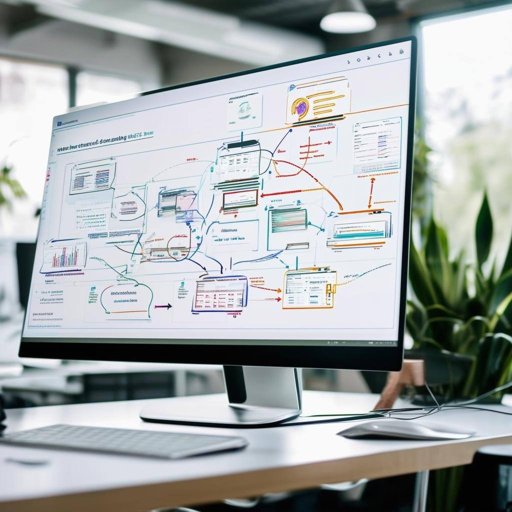 data transformation happening on a computer screen in a light, airy office that feed into different systems via a simple diagram data transformation happening on a computer screen in a light, airy office that feed into different systems via a simple diagram
