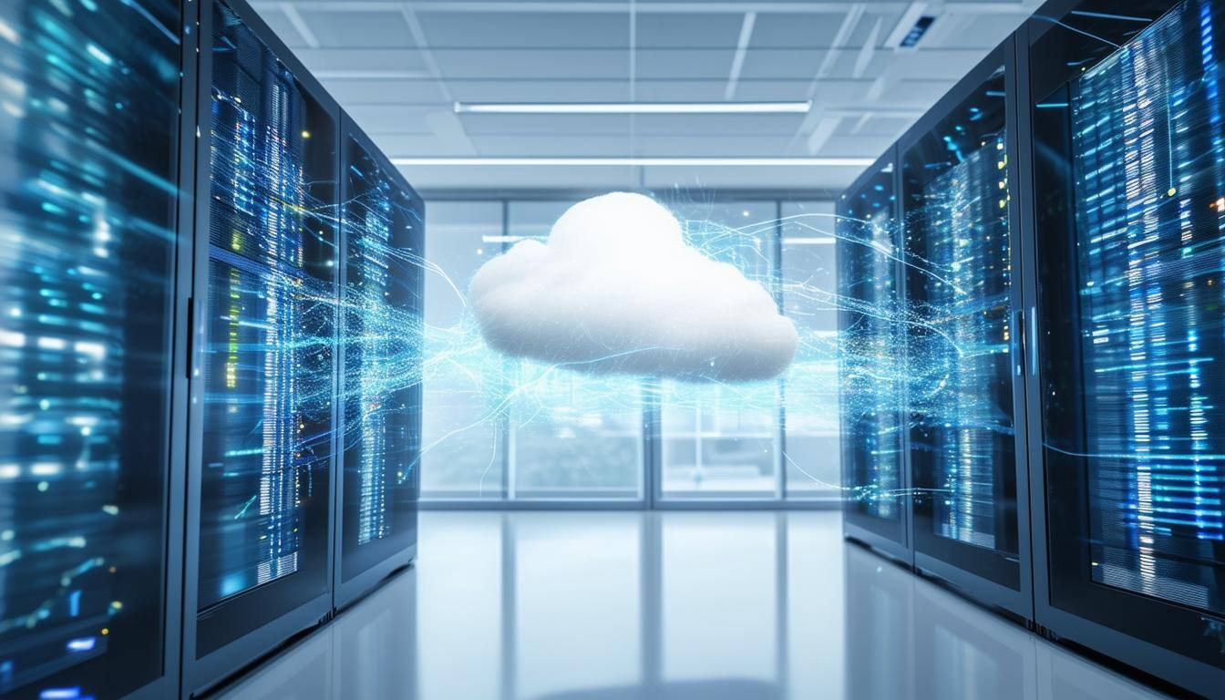 Photo of 2 databases with data streams coming out of them and converging together into a cloud in a light and airy office Photo of 2 databases with data streams coming out of them and converging together into a cloud in a light and airy office