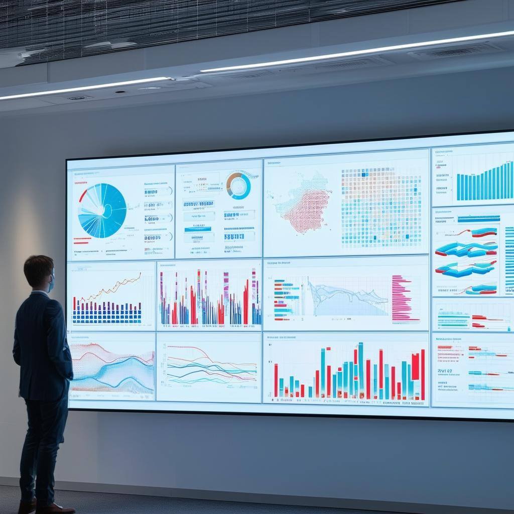Show a huge screen mounted on the wall of a light and airy office that has lots of different data visualizations on it that feature no text