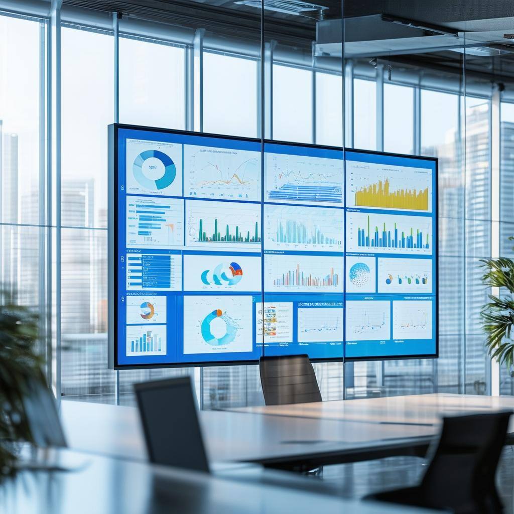 Show a huge screen mounted on the wall of a very light and airy office that has lots of different data visualizations on it that feature no text Show a huge screen mounted on the wall of a very light and airy office that has lots of different data visualizations on it that feature no text