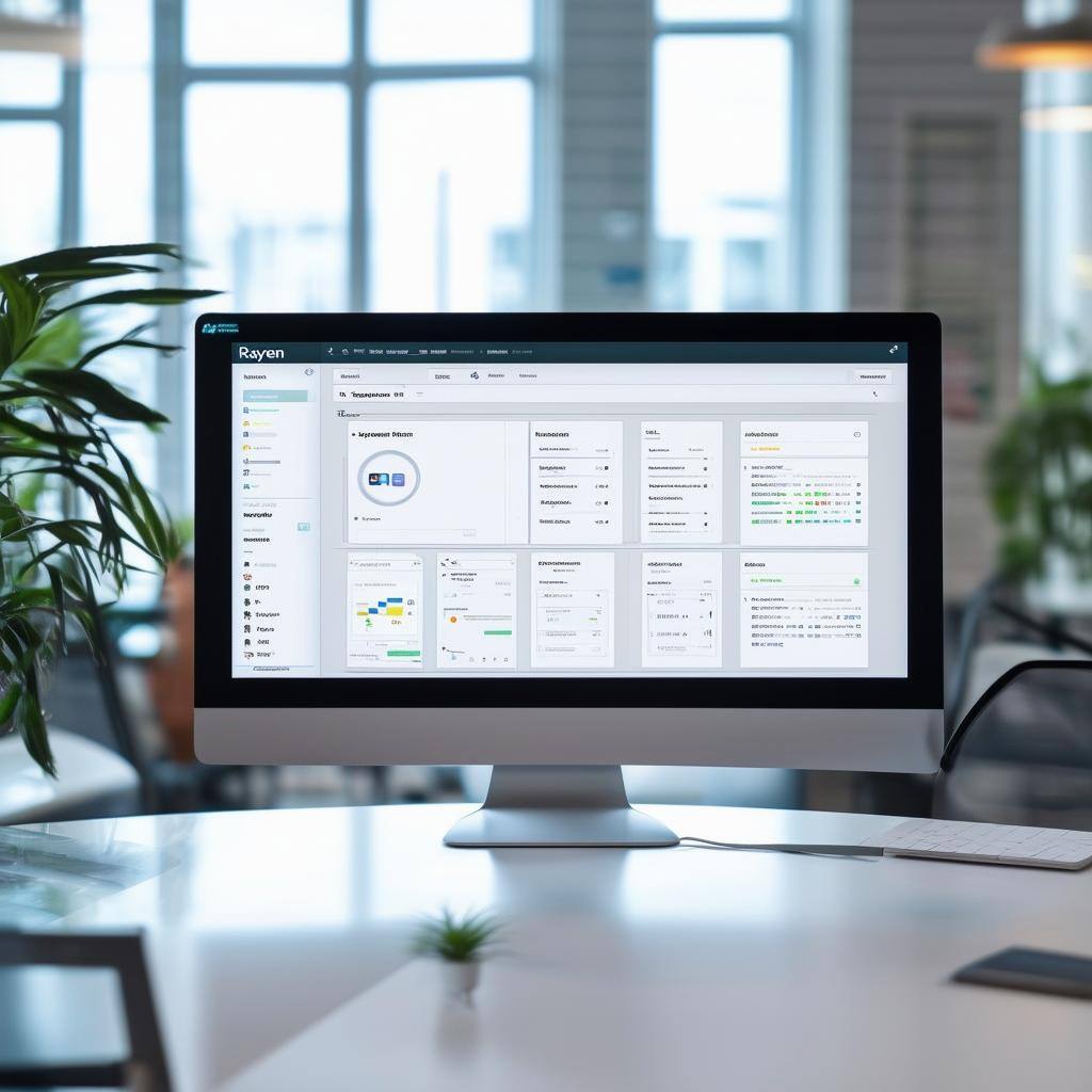 Show a Rayven app development interface on a monitor in a light and airy office Show a Rayven app development interface on a monitor in a light and airy office
