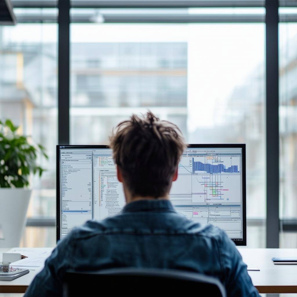 the back of a developer staring at a screen in a light and airy office, who is doing data orchestration the back of a developer staring at a screen in a light and airy office, who is doing data orchestration