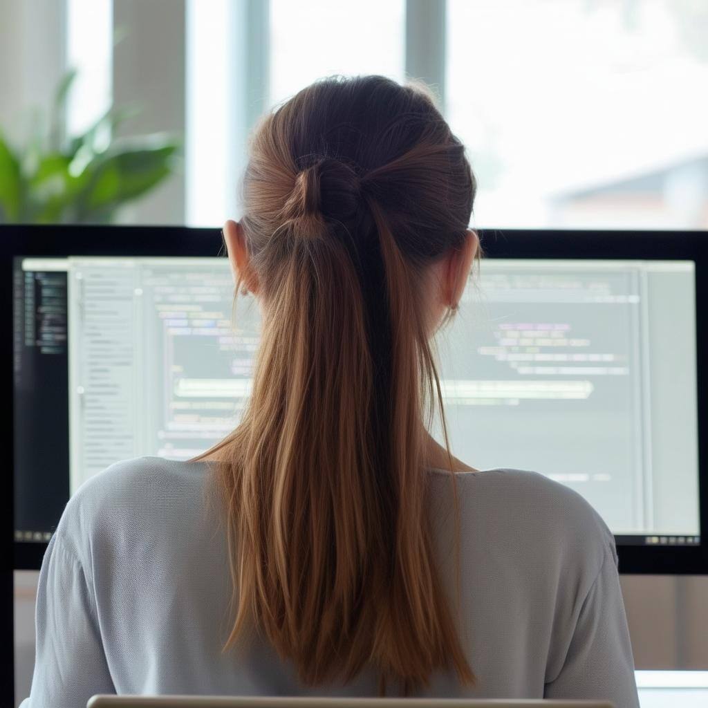 The back of the head of a woman at a computer in a light and airy office who is doing asynchronous programming The back of the head of a woman at a computer in a light and airy office who is doing asynchronous programming