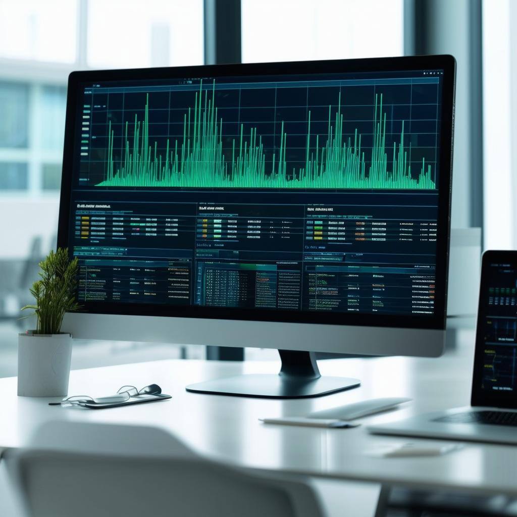 Visual representation of time series data flowing into a central repository on a desktop monitor in a light and airy office Visual representation of time series data flowing into a central repository on a desktop monitor in a light and airy office