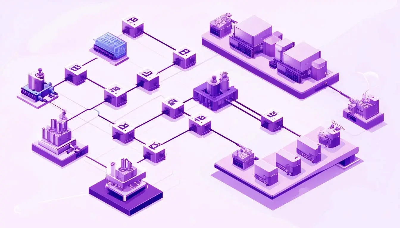 Create a flow diagram without text that shows orders and controls flowing to connected assets and machines